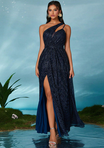 Holidays Women's Slash Shoulder Sleeveless High-Waist Velvet Cut-Out Split Evening Dress