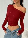 Spring Women's Beaded Slash Shoulder Long Sleeve Knitted Slim Fit Top