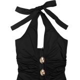 Women's Fashion Sexy Low Back Halter Deep V Solid Color Dress