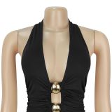 Women's Fashion Sexy Low Back Halter Deep V Solid Color Dress