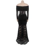 Women's Fashion Sexy Off-Shoulder See Through Lace Evening Dress