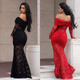 Women's Fashion Sexy Off-Shoulder See Through Lace Evening Dress