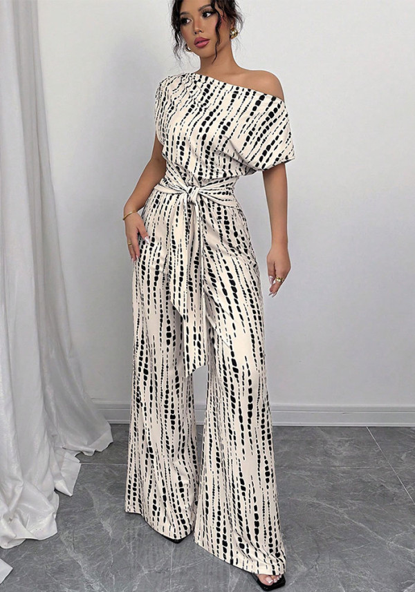 Summer Women's Striped Slash Shoulder Tie-Up Wide Leg Jumpsuit
