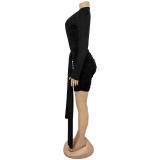 Women's Fashion Sexy Deep V Solid Color Ribbon Mini Dress