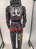 Women's Fashion Print Leopard Hooded Casual Bell Bottom Pants Set