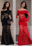 Women's Fashion Sexy Off-Shoulder See Through Lace Evening Dress