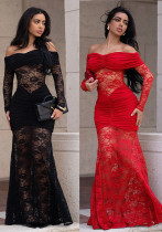Women's Fashion Sexy Off-Shoulder See Through Lace Evening Dress