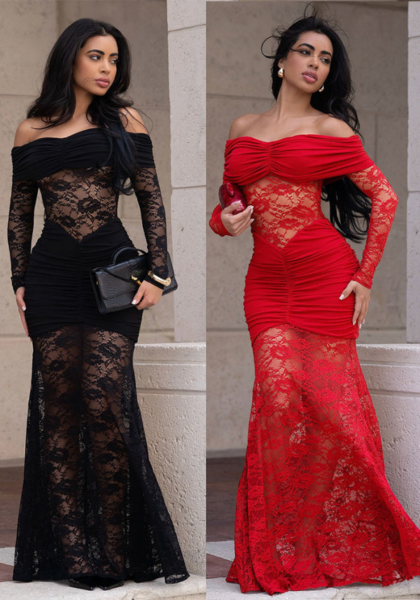 Women's Fashion Sexy Off-Shoulder See Through Lace Evening Dress