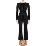 Women's Fashion Slim Fit Belted Top and Long Pants Set