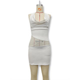 Spring Women's Sexy Low Back Halter NeckLace-Up Mesh Patchwork Bodycon Dress