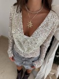 Spring Summer Fashion Plunge Neck Sequin Long Sleeve Top