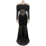 Women's Fashion Sexy Off-Shoulder See Through Lace Evening Dress