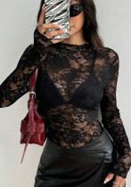 Fall Women's Lace Rose Jacquard See Through Slim Fit Long Sleeve Top