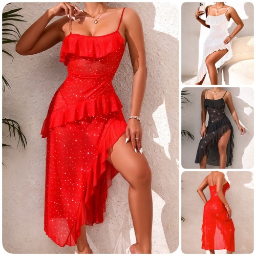 Sheer Mesh Slim-Waist Strap Dress Sexy See-Through Nightgown