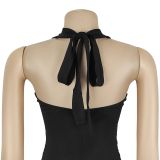 Women's Fashion Sexy Low Back Halter Deep V Solid Color Dress