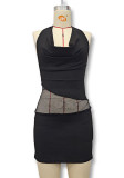 Spring Women's Sexy Low Back Halter NeckLace-Up Mesh Patchwork Bodycon Dress