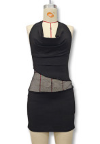 Spring Women's Sexy Low Back Halter NeckLace-Up Mesh Patchwork Bodycon Dress