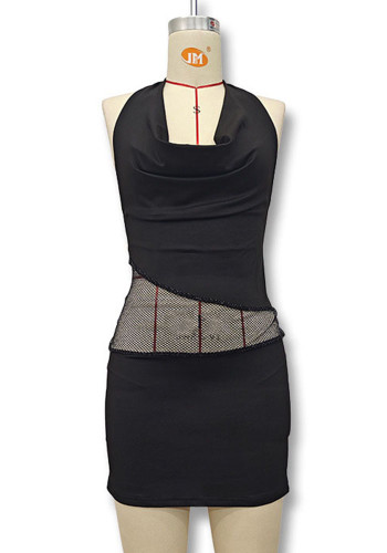 Spring Women's Sexy Low Back Halter NeckLace-Up Mesh Patchwork Bodycon Dress