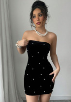 Summer Women's Sexy Sleeveless Strapless Beaded Bodycon Mini Dress