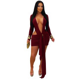 Women's Fashion Sexy Deep V Solid Color Ribbon Mini Dress