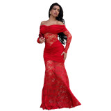 Women's Fashion Sexy Off-Shoulder See Through Lace Evening Dress