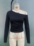Spring Women's Beaded Slash Shoulder Long Sleeve Knitted Slim Fit Top
