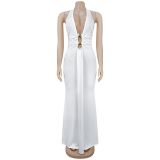 Women's Fashion Sexy Low Back Halter Deep V Solid Color Dress