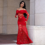 Women's Fashion Sexy Off-Shoulder See Through Lace Evening Dress