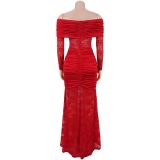 Women's Fashion Sexy Off-Shoulder See Through Lace Evening Dress