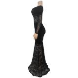Women's Fashion Sexy Off-Shoulder See Through Lace Evening Dress