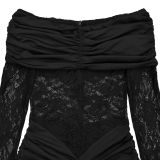 Women's Fashion Sexy Off-Shoulder See Through Lace Evening Dress