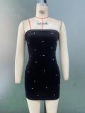 Summer Women's Sexy Sleeveless Strapless Beaded Bodycon Mini Dress