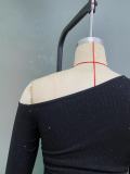 Spring Women's Beaded Slash Shoulder Long Sleeve Knitted Slim Fit Top
