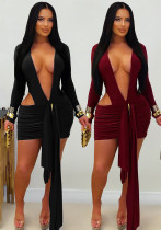 Women's Fashion Sexy Deep V Solid Color Ribbon Mini Dress
