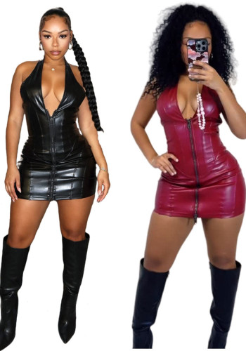 Women Spring Pu-Leather Halter Neck Stretchy Sleeveless Dress