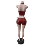 Women Stretchy Pu-Leather Top and Adjustable Belt Shorts Two-Piece Set