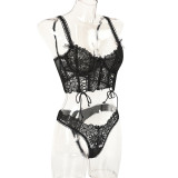Women Lace Camisole with Bow Stitching Sexy Lingerie Two-Piece Set