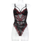 Women Sexy Bow Print Hollow-Out V-Neck Bodycon Bodysuit Sexy Lingerie