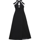 Women Autumn/Winter Sexy Mesh Patchwork Halter Neck Lace-Up Backless Dress