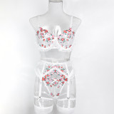 Women Floral Embroidered Mesh Patchwork Polka Dot Ruffled Lace Four-Piece Set