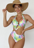 Women Printed Shiny Sexy Hollow-Out Bikini One-Piece Swimsuit