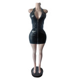 Women Spring Pu-Leather Halter Neck Stretchy Sleeveless Dress