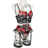 Women Embroidered Floral Lace-Up Cross-Panel Mesh Sexy Lingerie Four-Piece Set