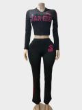 Women Letter Print Long-Sleeved Top and Pants Two-Piece Set