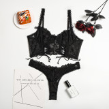 Women Lace Camisole with Bow Stitching Sexy Lingerie Two-Piece Set