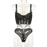 Women Lace Camisole with Bow Stitching Sexy Lingerie Two-Piece Set