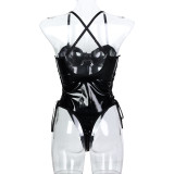 Women Solid Pu-Leather Lace-Up Camisole Bodysuit