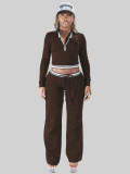 Women Casual Long-Sleeved Color-Blocked Zipper Turndown Collar Top Two-Piece Pants Set