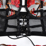 Women Embroidered Floral Lace-Up Cross-Panel Mesh Sexy Lingerie Four-Piece Set