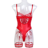 Women Sexy Pu-Leather Hollow-Out Lace-Up Hollow-Out Bodycon Bodysuit Sexy Lingerie